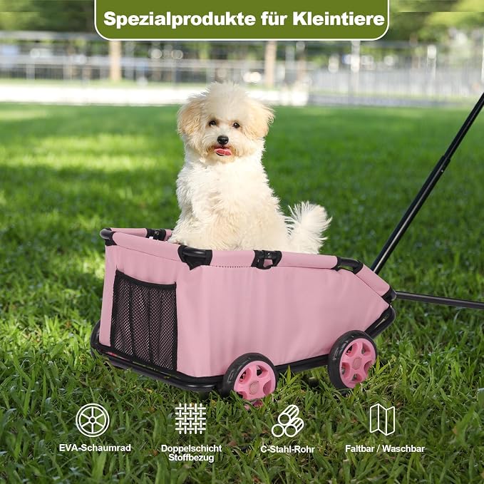 Mini Dog Strollers for Mini Pets, Foldable Multifunctional Shopping Carts with Extendable Pull Handle, Doggie Wagon Built-in Cushion and Safety Rope with Storage Bag (Pink)