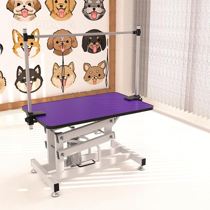 Hydraulic Dog Pet Grooming Table, 42 Inch Heavy Duty Professional Pet Grooming Station 21'' -36'' Height Adjustable for Large Dog at Home with Adjustable Overhead Arm, Clamp and Grooming Noose, Purple