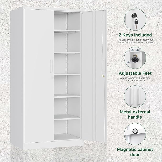 Metal Storage Cabinet with Lock Door Adjustable Shelf,72" Steel Lockers for Office, Home,School,Kitchen,Garage Tool Utility Cabinet (2 Door-White)