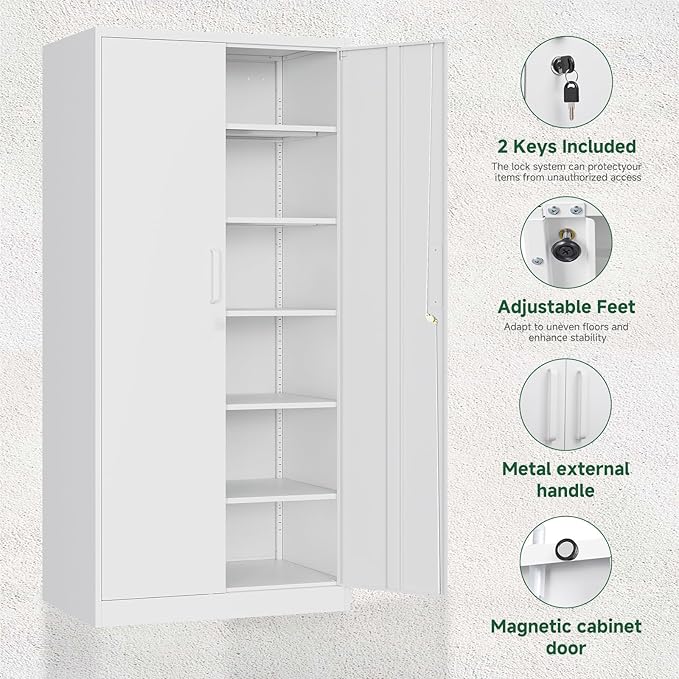 Metal Storage Cabinets with Lock Door,Steel Locker Garage Cabinets 5 Adjustable Shelves for Home,Office, Warehouse(White)