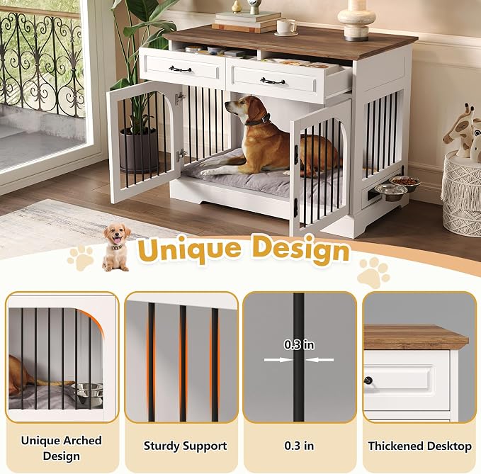Merax 43.3" Farmhouse Dog Crate Furniture with Rotating Bowls & Drawers – Wooden Indoor Pet Kennel Side Table with Metal Bars – Stylish Dog House for Medium to Large Breeds, White & Brown