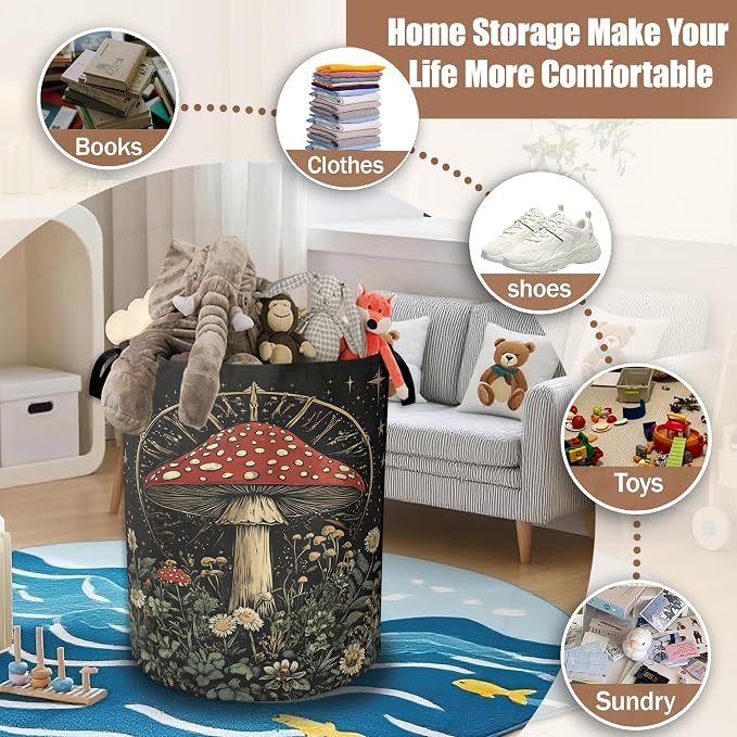 Laundry Basket Vintage Mushroom,Collapsible Waterproof Oxford Cloth with Handles,Celestial Forest Laundry Hamper Clothes Storage Bucket Toy Organizer for Bathroom/Nursery/Bedroom 16" x 20.8"