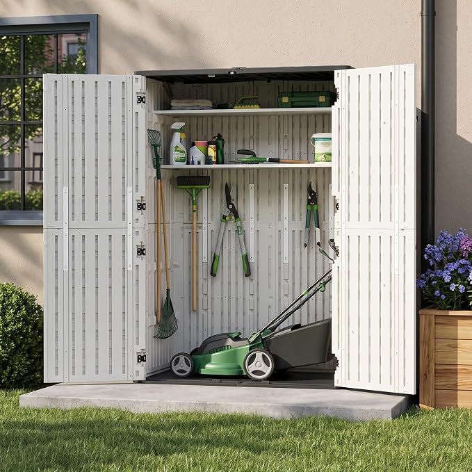 65 Cu.Ft Resin Outdoor Storage Shed with 2 Shelves & Floor, Weatherproof Plastic Vertical Outdoor Storage Cabinet for Garden Backyard Patio Pool Tool