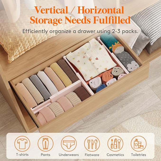 Lifewit 4" High Upgrade Drawer Divider, Adjustable Drawer Organizer Clothes | 6 Pack 11"-17" Expandable Pink Plastic Drawer Separator for Dresser, Kitchen, Closet, Nursery, Office Organization & Storage