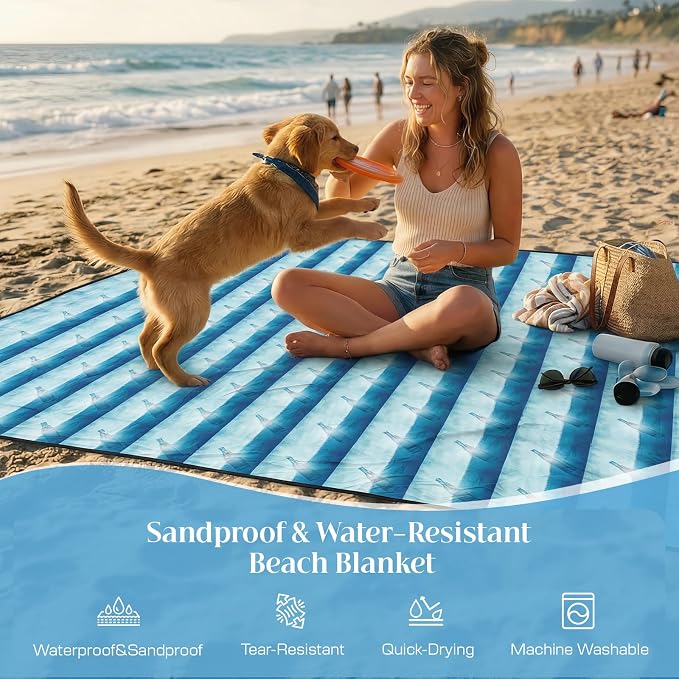 OIGAE Beach Blanket Waterproof Sandproof Oversized Beach Mat | Picnic Mat with Stakes, Storage Bag - Essentials for Outdoor Beach, Picnic,Quick-Dry Lightweight,Windproof Pockets
