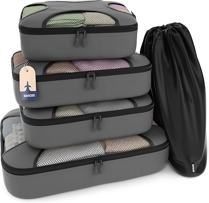 Shacke 5 Set Packing Cubes for Travel with Laundry Bag (Dark Grey) | Suitcase Organizer Bags Set: 4 Water-Resistant Luggage Cubes, XL to Small, + Laundry Bag for Carry-On or Checked