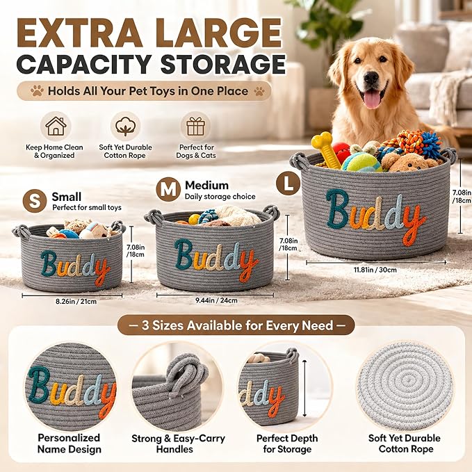 MBBEST Personalized Dog Toy Basket with Name, Cute Custom Dog Toy Storage Bin for Dogs & Cats, Handmade Cotton Rope Dog Toy Box Organizer for Toys, Treats & Blankets, Unique Gift for Pet Lovers