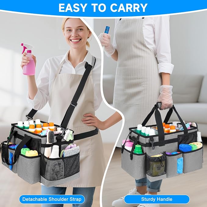Cleaning Caddy Bag, Large Cleaning Bag for Housekeepers, Rose Gray | Cleaning Caddy Organizer for Cleaning Supplies with Handle and Adjustable Shouder Strap, Easy to Clean & Heavy Duty Design