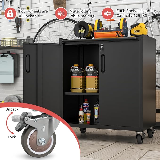 Metal Garage Tool Cabinet with 2 Lockable Doors & Wheels,Black | Steel Storage Cart,Heavy Duty Rolling Chests,Mobile Tool Cabinets,Assembly Required