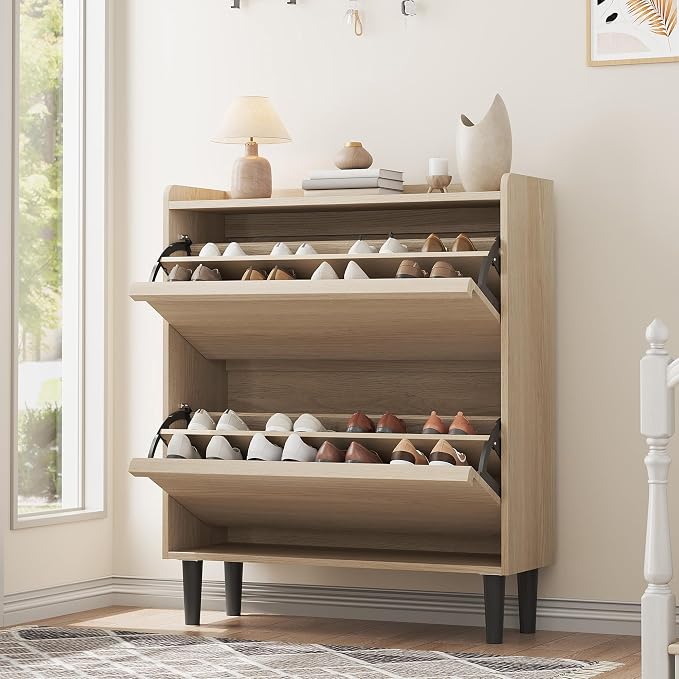 GarveeHome Shoe Cabinet with 2 Flip Drawers, Wooden Shoe Organizer Cabinet with Adjustable Shelf, Shoe Storage for Entryway, Hidden Shoe Cabinet for Hallway, Living Room, Natural Oak