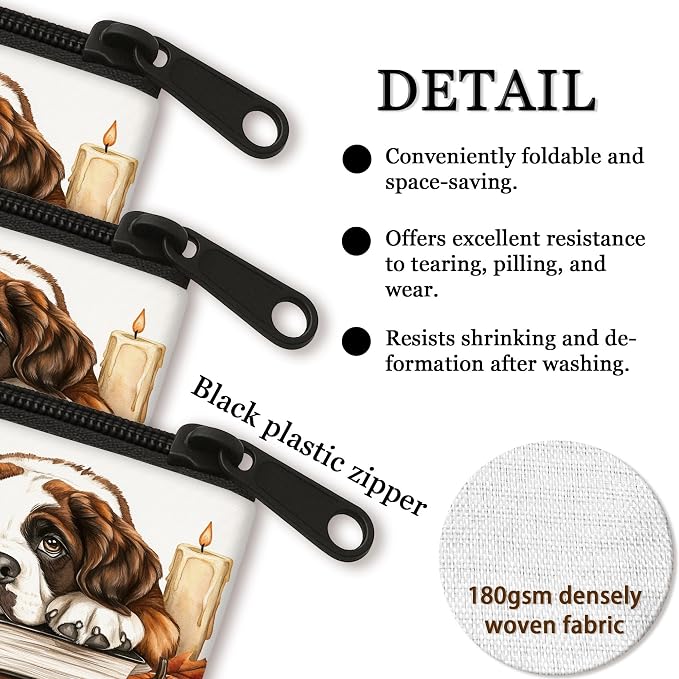 Fall St. Bernard Dog Makeup Bag, Autumn Candle Book Pumpkin Printed Cosmetic Travel Pouch for Women Girls, Pet Portable Small Canvas Zipper Organizer 7x9 Inch