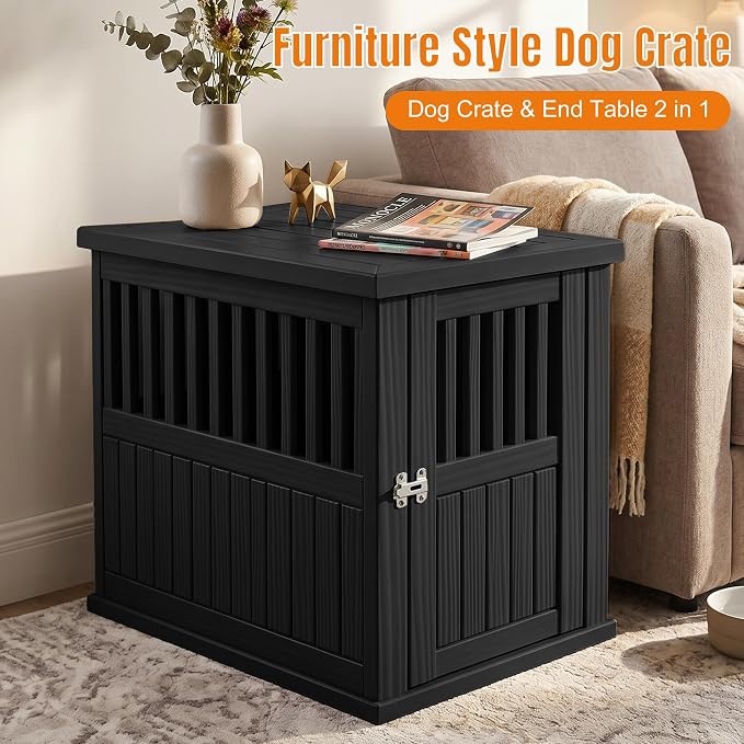 EFU 40 Inch Large Dog Crate Furniture, Indoor Dog Kennel, Puppy Pet House | Resin Pet House End Side Table, Waterproof Puppy Crates Cage for Large Medium Dogs to 70 lb, Black