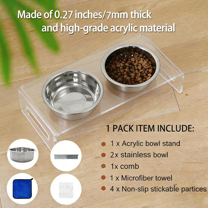Tilted Raised Elevated Food and Water Bowls Stand for Cat or Small Dogs - Puppy's Clear Acrylic Stainless Steel Dishes Holder for Boy or Girl Pet,Modern,Durable and Easy to Clean by WBhonghui (Clear)
