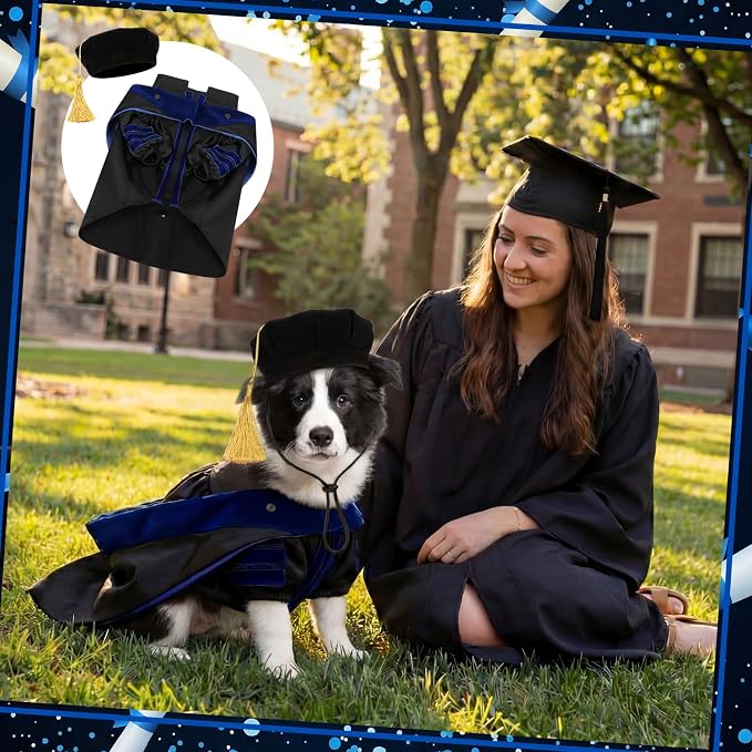 Huhumy 3 Pcs Dog Cat Graduation Doctoral Costume Set, 2026 Pet Phd Graduation Cap and Deluxe Doctoral Gown with Hood Side Tam Puppy Kitty Dogs Grad Holiday Party Costume Accessory(Royal Blue,L)