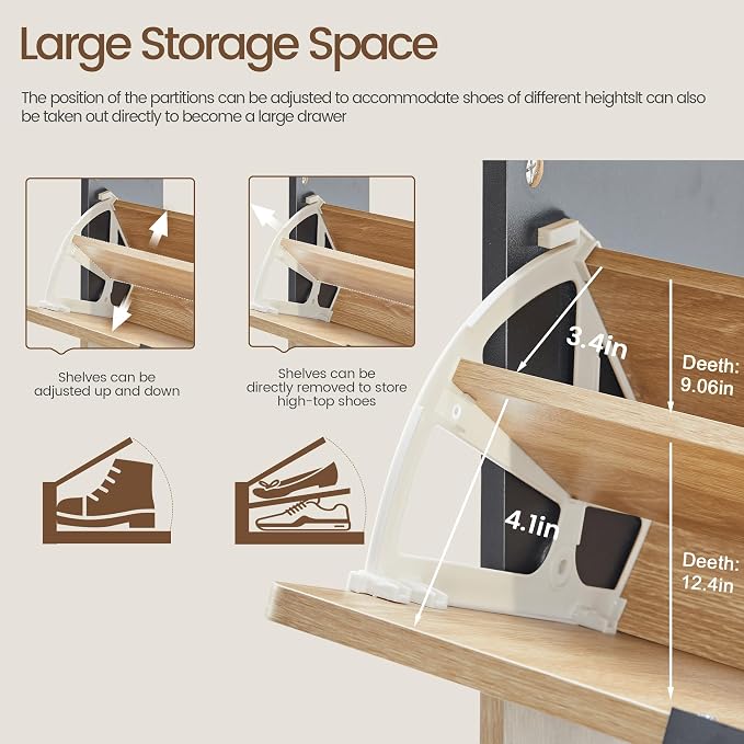 FurSch Fluted Shoe Storage Cabinet with 2 Flip Drawers, Narrow Shoe Rack Cabinet Organizer with Adjustable & Removable Shelves for Entryway (Natural and Black, 2 Drawers)