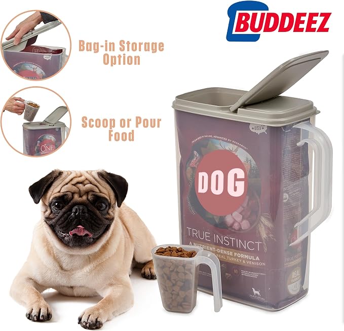 Buddeez Pet Food Storage Container - 8 Quart Capacity Dog / Cat Food & Bird Seed Container with Durable EZ Grip Handle, Flip Gray Lid (includes 1 Cup Clear Scoop) | Durable dry-food storage, For dog food, cat food or bird seed, Includes scoop, desk pet...