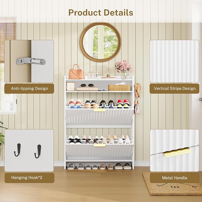 Fluted Shoe Storage Cabinet for Entryway with Adjustable Shelves | 9.45"Deep,Freestanding Shoes organizer,Adjustable & Removable Shelves,2 Hooks,Anti-tip Device,White