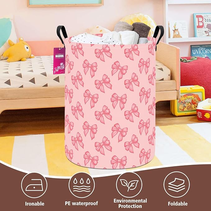 Laundry Hamper Large Canvas Fabric Storage Basket Pink bowknots | Organizer Bin Dirty Clothes Collapsible Waterproof for College Dorms, Boys and Girls Bedroom,Bathroom
