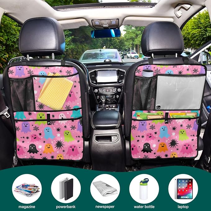 2 Pack Back Seat Car Organizer with Storage Pockets Kick Mats Back Seat Protector Hanging Car Organizer Automotive Seat Back Cover Organizers Hot Pink Halloween Ghost Snowflakes