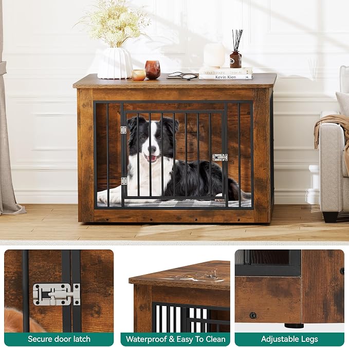 YITAHOME 38" Dog Crate Furniture 2-in-1 Iron-Wood Fusion up to 60 lb | Modern Dog Kennel Indoor Side End Table with Waterproof Top, Safety Corners, Steel Lock, Rustic Brown