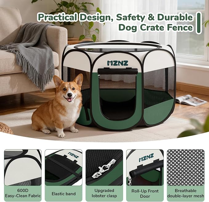 Dog Cat Small Animal Puppy Playpen Crate, Medium, Dark Green | Portable Pop Up Pet Cage Enclosure Tent Kennel Indoor Outdoor with Carrying Case, No Assembly, Camping Use