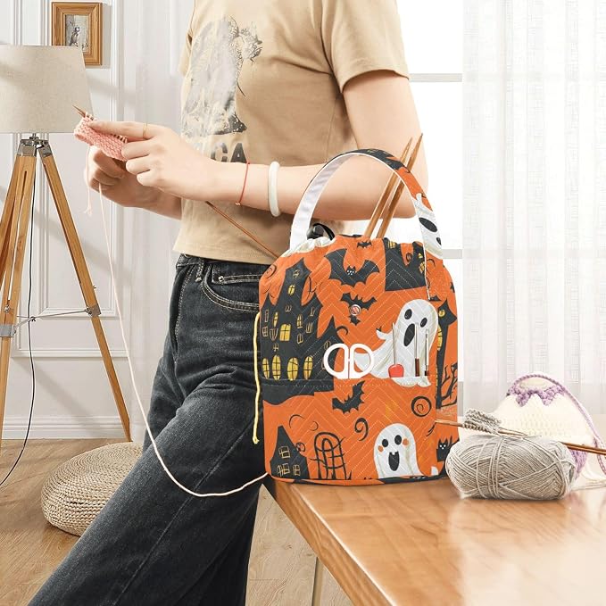 Tatenale Crochet Bag Yarn Bag Knitting Project Bag with Pockets and Handle Portable Yarn Storage Organizer Tangle Free 8.3x11 InchFunny Orange Halloween Bat Castle Ghost Pumpkins17