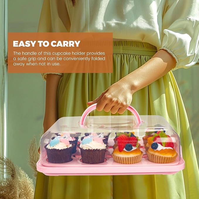NPLUX Pink Cupcake Carrier Cupcake Holder with Lid, Cake Container | 3 in 1 Multipurpose, Lid, Holder, Muffins, Pies, Sweets, Pastries, Fruit, Snacks, Transport