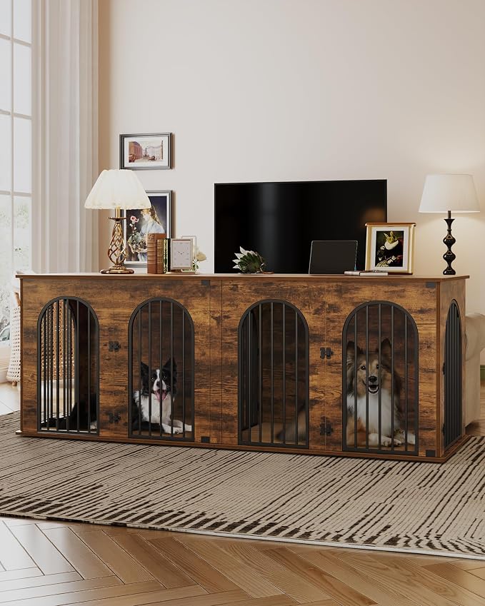 Hzuaneri 86.6" Double Dog Crate Furniture, Dog Kennel Indoor with Cushion | Heavy Duty Dog Crate Furniture for 2 Dogs,Dog Cage End Table TV Stand with Divider for Med-Large Dog,Rustic Brown DFC84001BV1