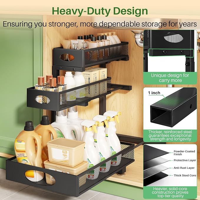 Kitstorack Under Sink Organizer 3-Tier Slide Out Drawer 2-Pack Black | Height Adjustable, Metal Mesh Storage Rack, Pull out Cabinet Organizer Shelf for Bathroom Kitchen Pantry Home Organization