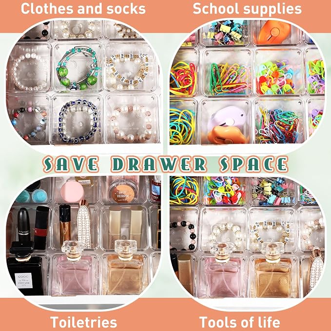 Tioncy 16 Pcs Stackable Clear Drawer Organizer 3" x 3" x 2" Storage Bins | For Makeup Vanity Bathroom Kitchen, Small Containers Office Desk Cosmetics, Transparent Organizers Declutter Drawers Easily