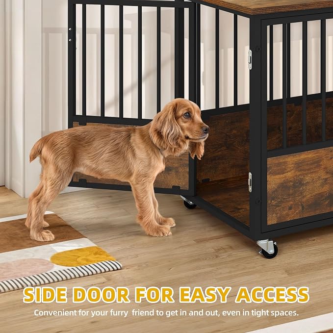 DWVO 38 Inch Dog Crate Furniture with Wheels & Double-Doors | Dog Kennel Indoor Furniture End Table, Farmhouse Decorative Wooden Dog Cage Table, Chew-Resistant, Rustic Brown