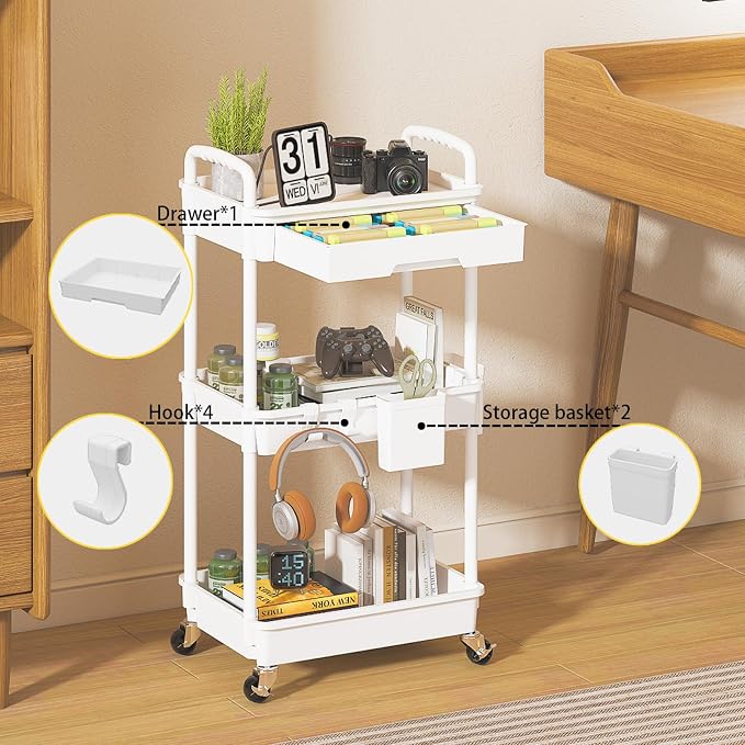 3 Tier Rolling Utility Cart with Drawer, Plastic Storage Organizer Rolling Carts with Wheels Handles Hanging Cups Hooks for Office, Bathroom, Kitchen,Craft Art Room (White)