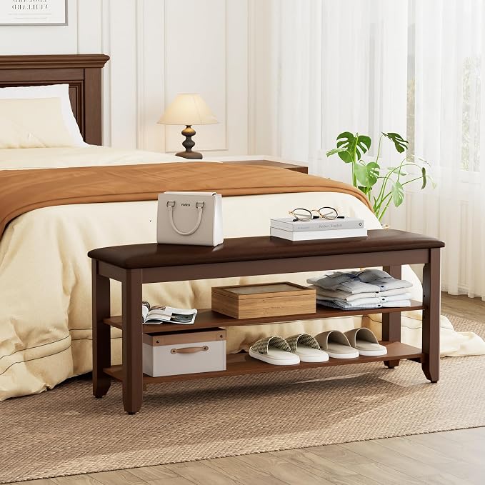 Homleke 39.4" Wide Solid Wood Shoe Rack Bench with Flip-Top Storage | 2-Tier Entryway Bench with Cushion, Adjustable Shelf, Holds Up to 10 Pairs, for Hallway, Bedroom and Closet, Walnut