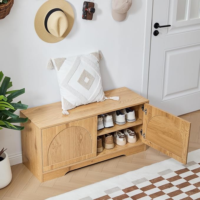 BERRYMERRY 39.4" Fluted Shoe Storage Bench for Entryway | Arched Door,Entryway,End of Bed,Shoe Cabinet,Adjustable Shelf,Bedroom,Natural,Mid Century Modern,2 Tier