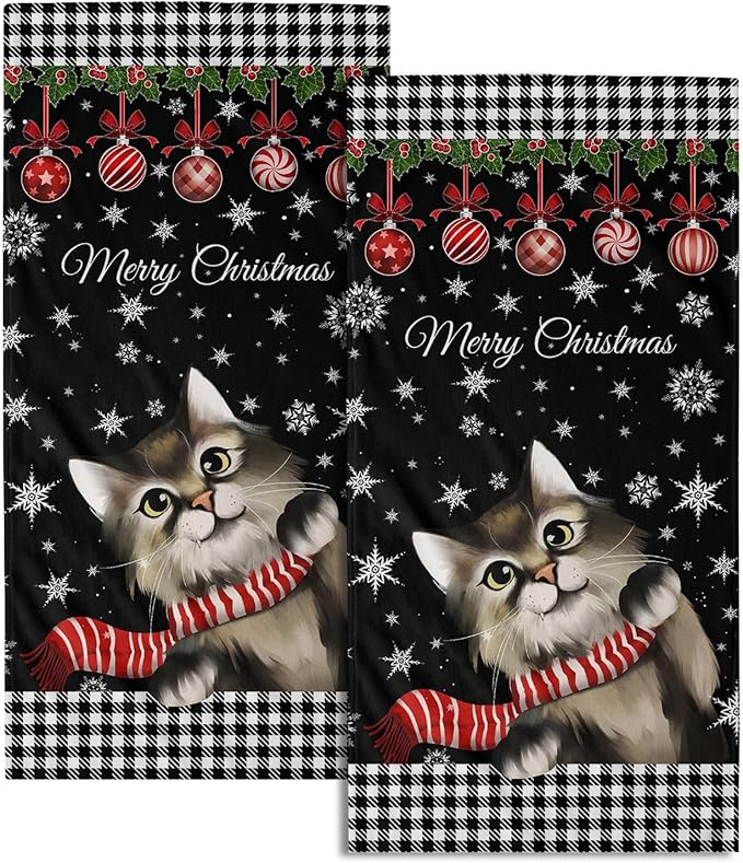 Giwawa Christmas Black Cat Hand Towels Winter Snowflake Dish Fingertip Towels Set of 2 Absorbent Face Towels for Bathroom Kitchen Gym Home Decor