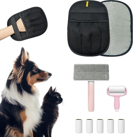 Pet Hair Removal Glove & Electrostatic Remover Set with Mini Lint Roller (180 Sheets) - Reusable Cleaning Tool for Sofa, Carpet, Cat Tree, Furniture, Car Seat and Clothes（3PCS）