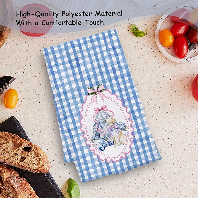 Pink and Blue Chinoiserie Golden Retriever Kitchen Towels, Golden Retriever Lover Gifts Dish Tea Towels for Kitchen, Coquette Pink Bow Hydrangea Dog Hand Towel for Bathroom Decor, 16x24 Inch