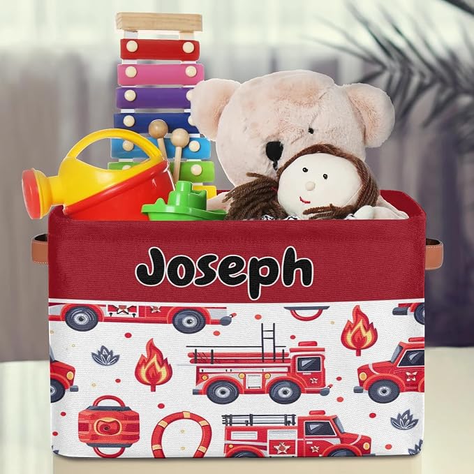 Personalized Foldable Storage Basket with Name for Boys, Laundry Hamper Dirty Clothes Pet Toys Storage Bin with Handles for Shelf Home Closet Kitchen, Fire Engines Cartoon