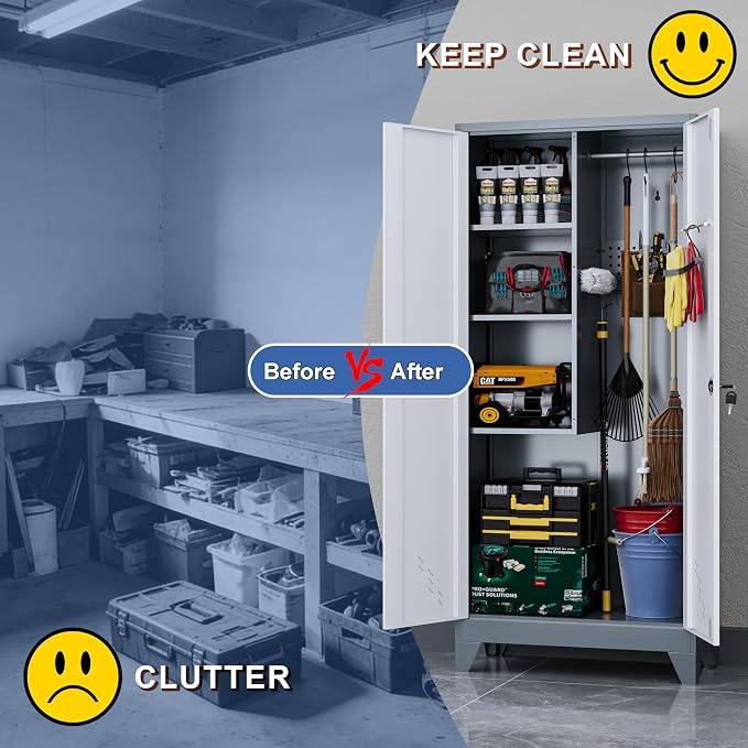 61" Broom Storage Cabinet, Cleaning Tool Storage Cabinet, Garage Utility Storage, Metal Broom Closet for Home, Garage, Utility Room (Gray White, Door-2)