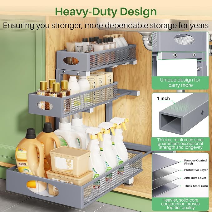 Kitstorack Under Sink Organizer 3-Tier Slide Out Drawer 2-Pack Grey | Height Adjustable, Metal Mesh Storage Rack, Pull out Cabinet Organizer Shelf for Bathroom Kitchen Pantry Home Organization