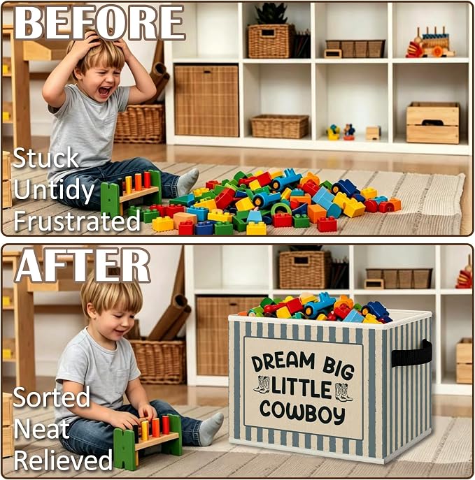 Western Cowboy Nursery Cube Storage Bins with Handles, Dream Big Little Cowboy Boys Collapsible Fabric Storage Basket Boxes Books Clothes Organizer for Kids Boy Nursery Bedroom Bathroom