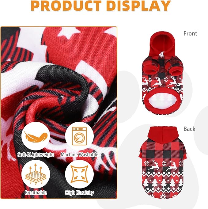 KOOLTAIL Christmas Dog Hoodie, Red Plaid Pet Sweater, Hat Hooded Sweatshirt Dog Clothes for Small Medium Large Dogs, Soft Warm Winter Cold Weather Coat with Leash Hole&Pocket, Reindeer Snowflake, M