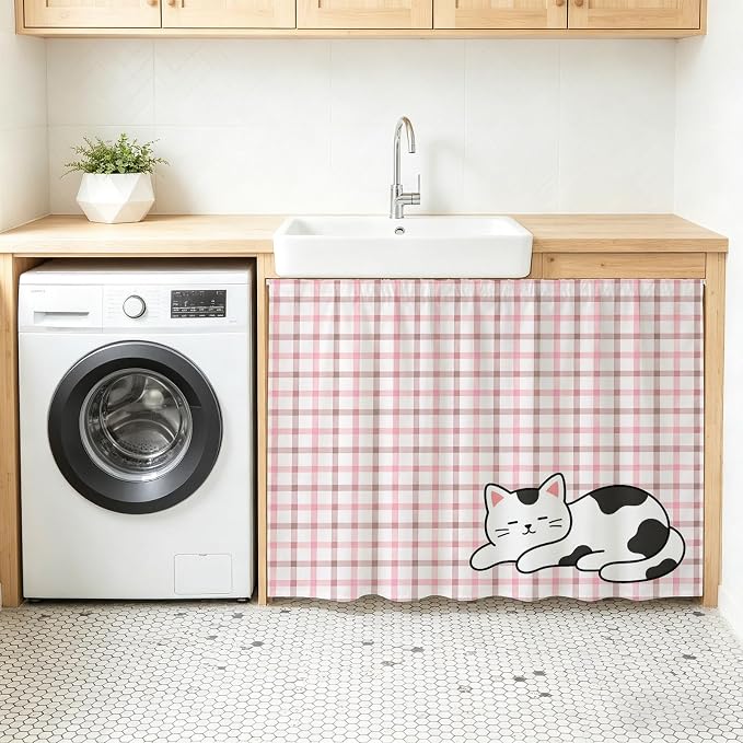 Cute Cat Oven Skirt Curtain for Kitchen Decor 28"x35", Pink Brown Checked Modern Pet Cats Rustic Self Adhesive Stove Curtains Skirt Cabinet Curtains for Bathroom Laundry Room