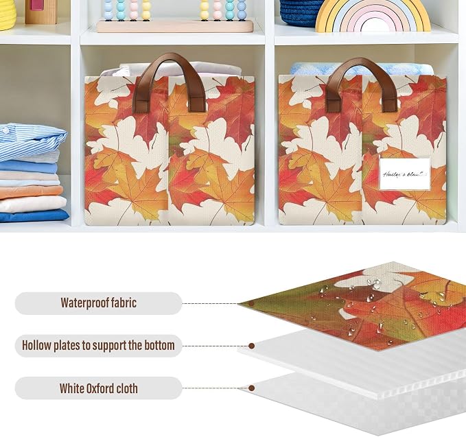 Orange Fall Maple Leaves Beige Storage Bins for Shelves with Labels&Handles Fabric Organizer Bin Foldable Rectangle Storage Basket Boxes for Closet, Bathroom, Home, Living Room