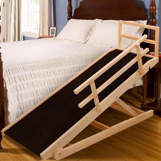 Dog Ramp for Bed & Couch, Foldable Wooden Pet Ramp, 5 Adjustable Heights | Height up to 31", Portable Dog Ramp with Non-Slip Rubber Surface & Safety Railings, Pet Ramp for Small, Large, Senior Dogs