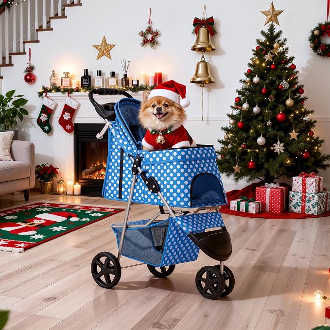MoNiBloom Pet Stroller for Small/Medium Dogs and Cats, Sky Blue | Foldable Dog Stroller 3 Wheels Pet Strolling Cart w/ Storage Basket Cup Holder, Breathable and Visible Mesh for All-Season