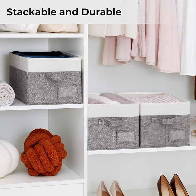 GRANNY SAYS Closet Storage Bins with Label, Gray&White, Medium, 3-Pack | Fabric Storage Bins, Closet Storage Bins for Clothes, Shelf Storage Baskets with Handles, Collapsible Storage Boxes