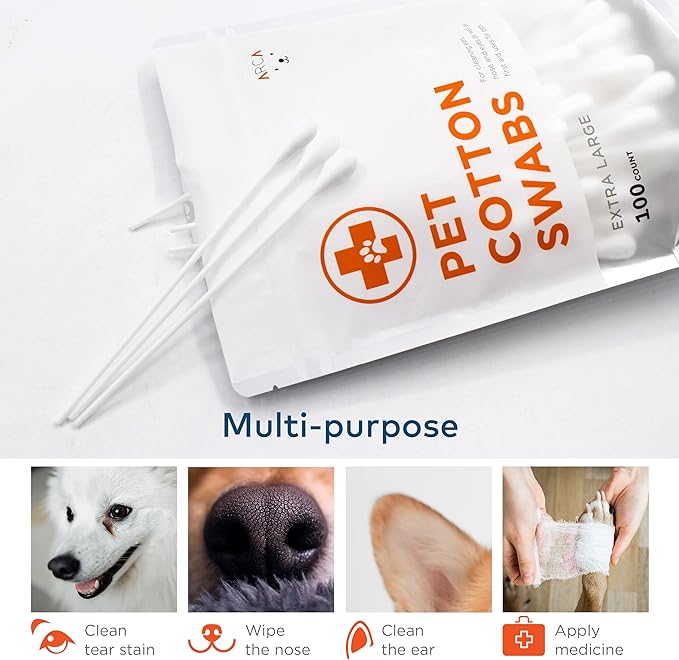 ARCA PET Cotton Swabs for Dogs and Cats - Cat & Dog Ear Cleaner Long Cotton Swab - Extra Large Cotton Head, Cat & Dog Ear Cleaning Kit for Puppies, Multipurpose Pet Cotton Swabs (Extra Large 100 Buds)