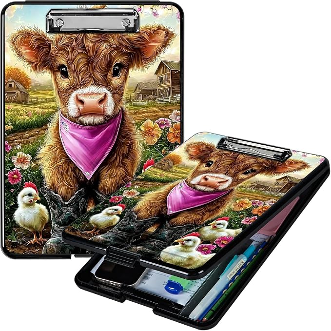 Heavy Duty Storage Clipboard, Slim Nursing Clipboard with Internal Pen Case, Portable File Organizer Case for A4 Letter Size Paper Office Medical Professionals, Rooster Yellow Cow