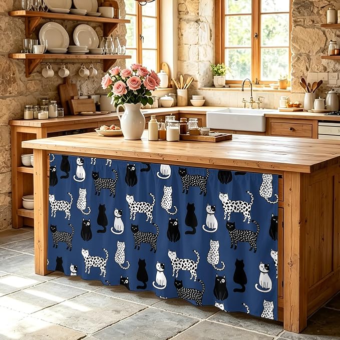 Cat Animal Cabinet Curtain 28"Wx51"L,Dustproof Storage Cabinet Curtain with Self Adhesive Tape,Navy Blue Earthy Tone Vintage Pet Modern Tall Pantry Cover Drape for Kitchen,Laundry Room,Utility Closet